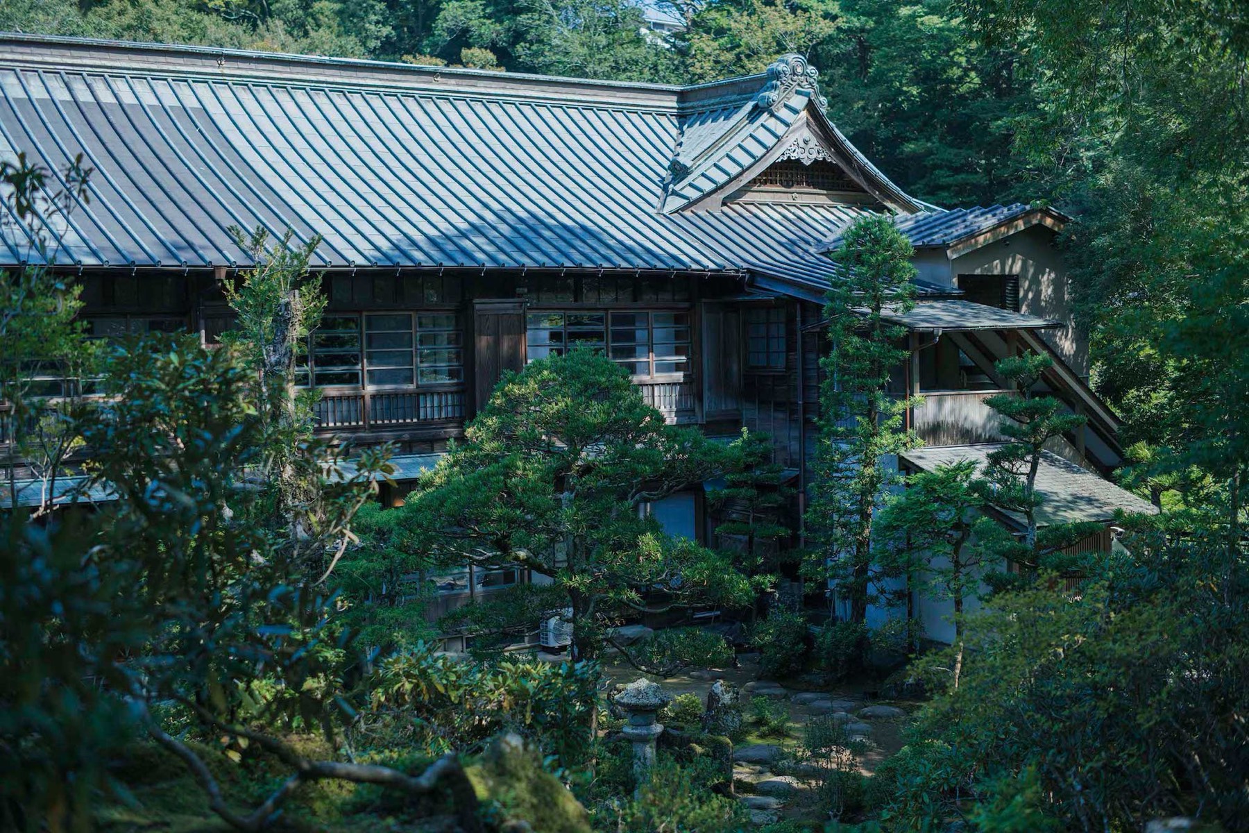The ryokan's tiled roofs among deep green trees